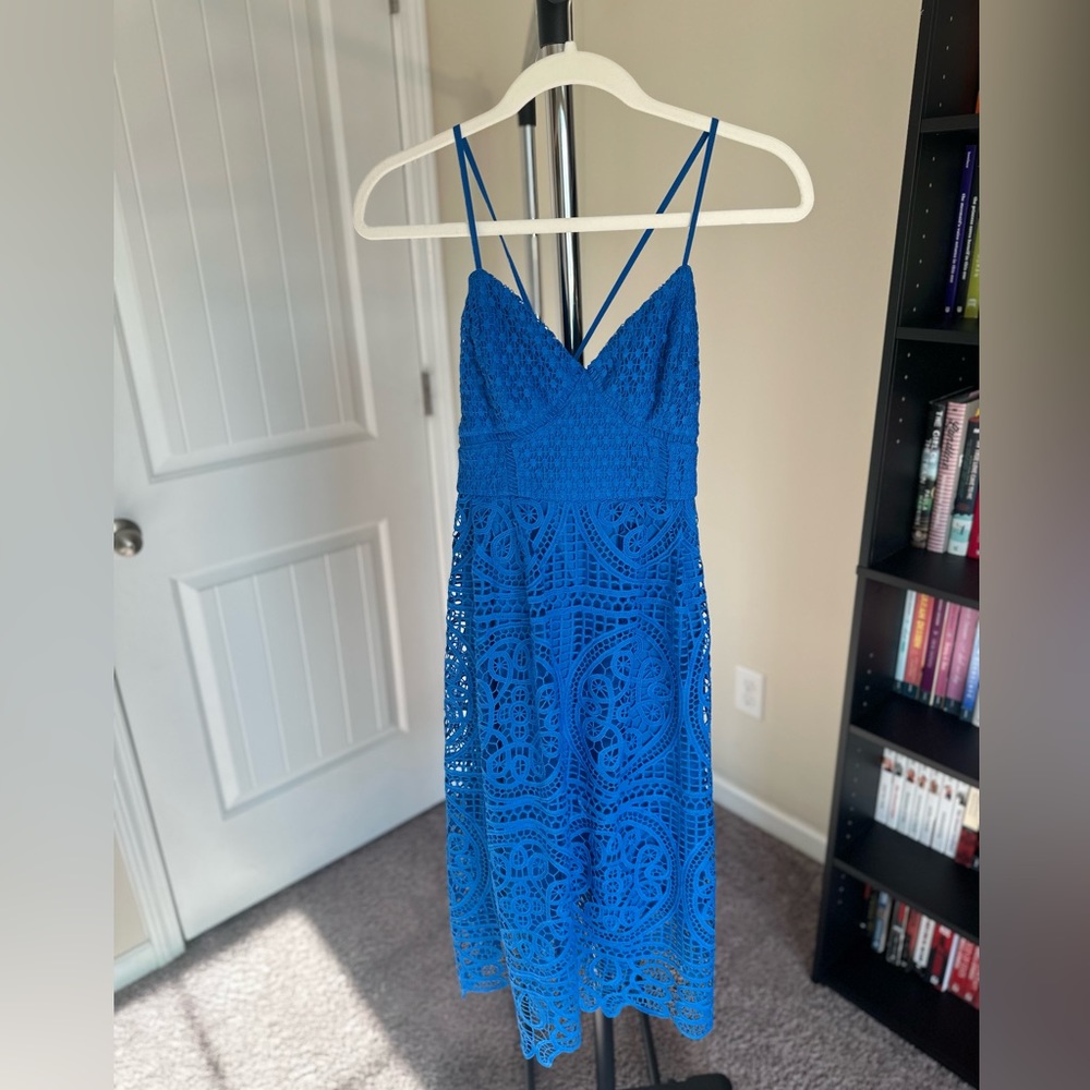 Lulu's Cobalt Blue Real Life Dream Laced Fully Lined Tie Back Dress Medium - Picture 2 of 4